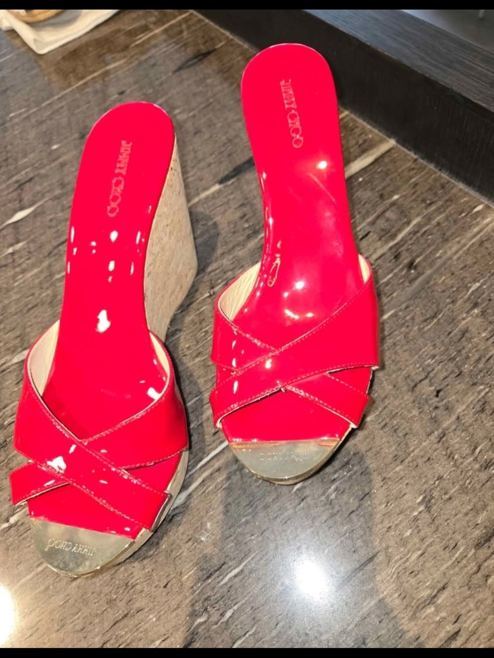 Jimmy Choo Red Patent Wedge Slide Sandals - Size 41,5